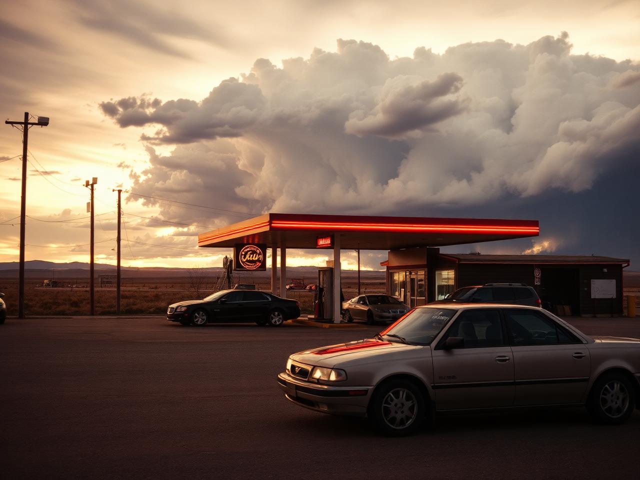 Neon and thunderheads somewhere west of Salina, KS.