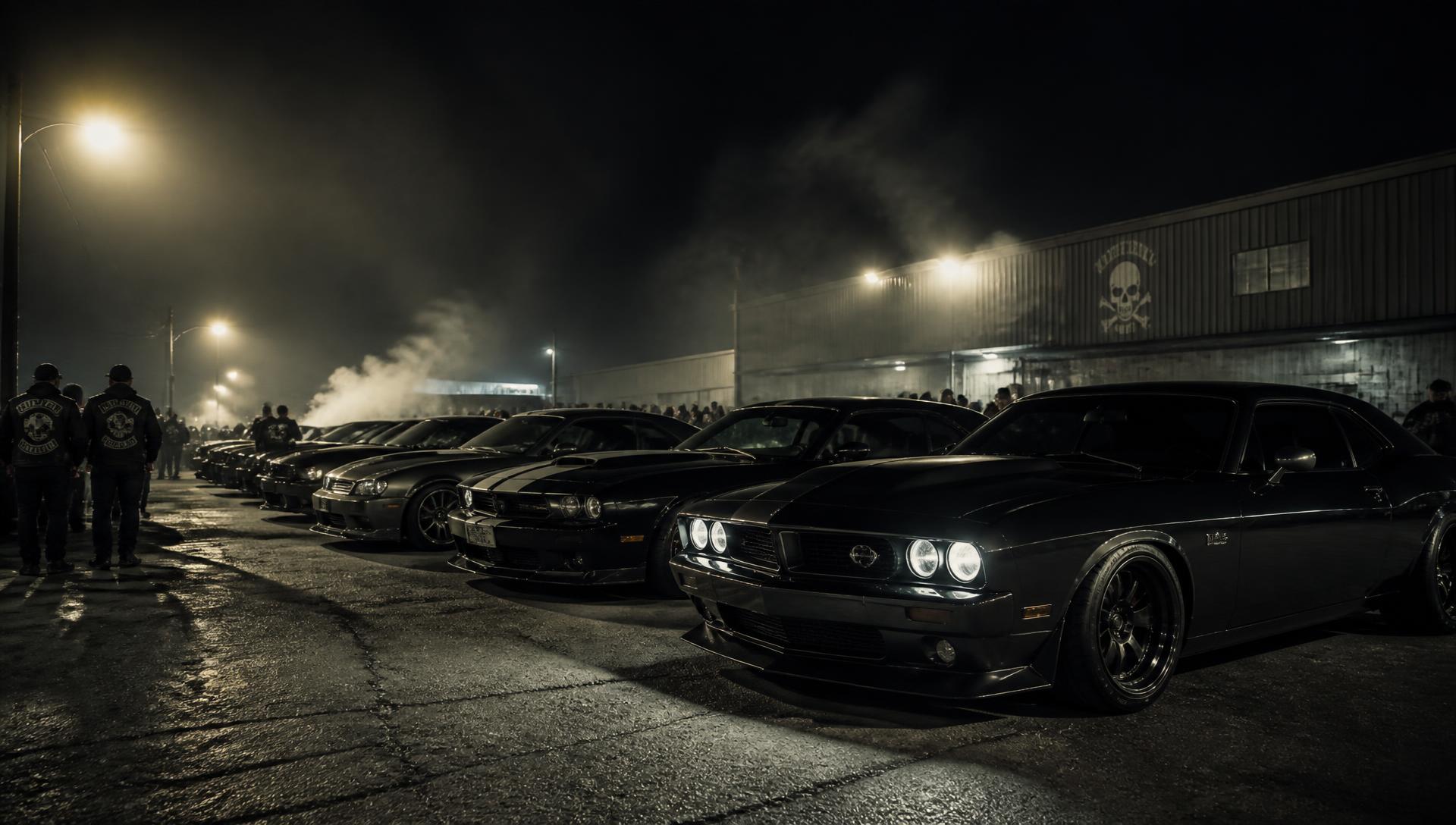 Midwest Momentum members lined up at a night meet under streetlights