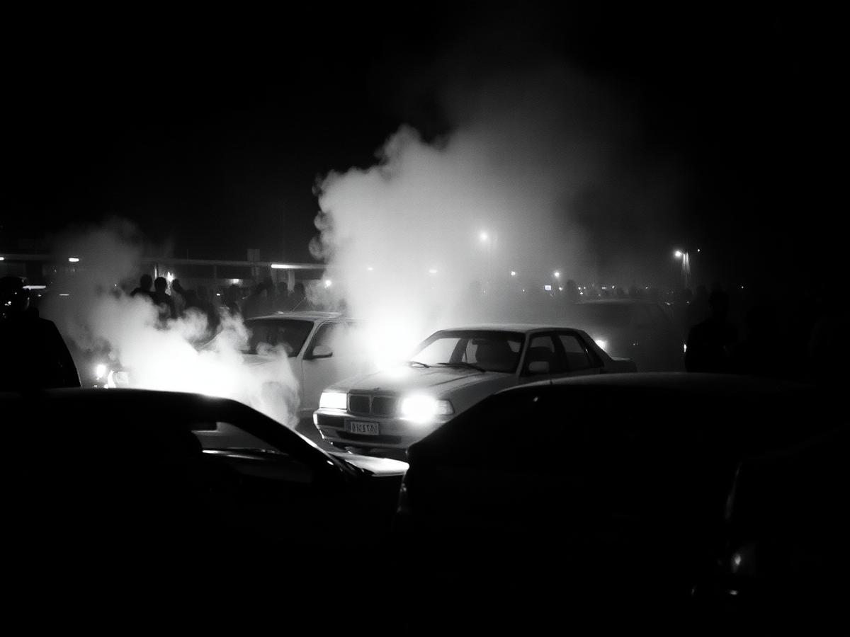 Smoke and headlights at a Midwest Momentum night meet