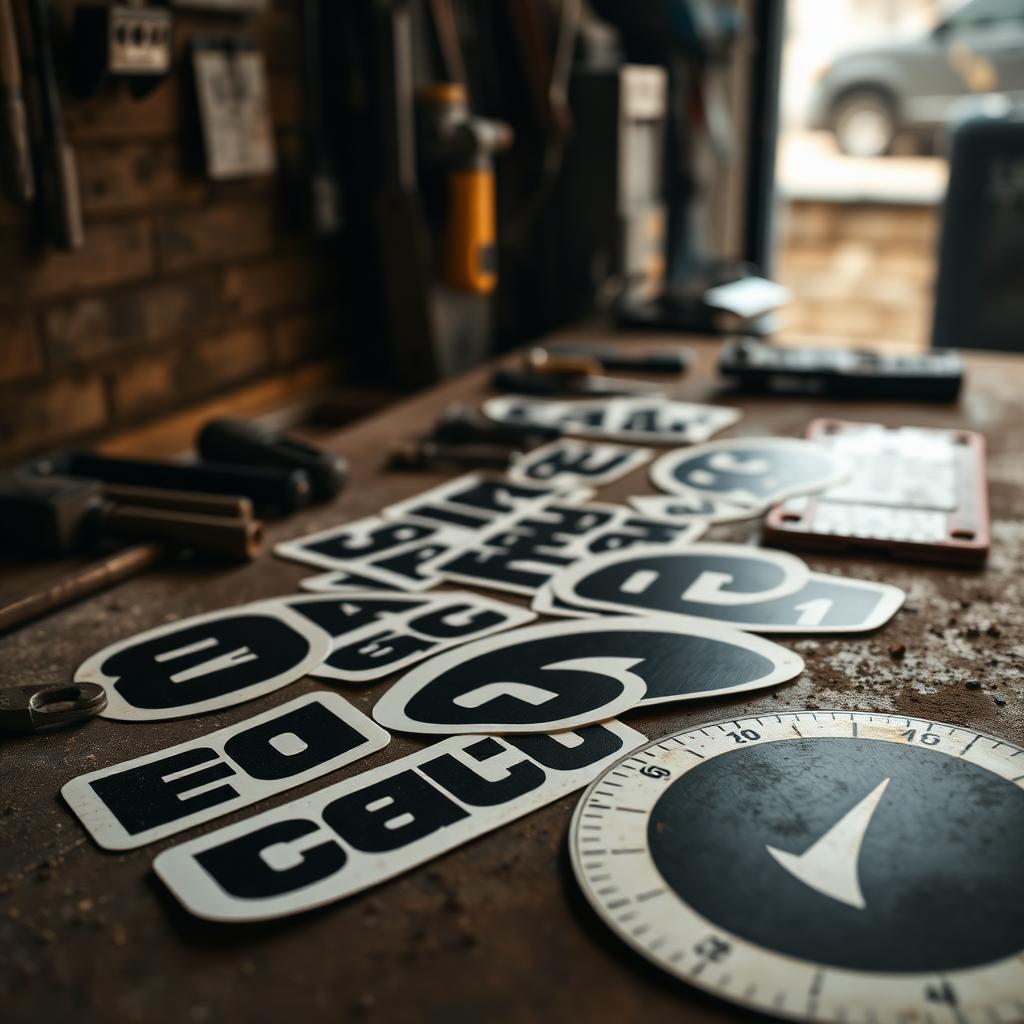 Die-cut vinyl club decals scattered across a workbench