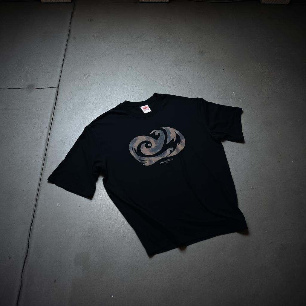 Black Midwest Momentum club t-shirt laid flat on a garage floor
